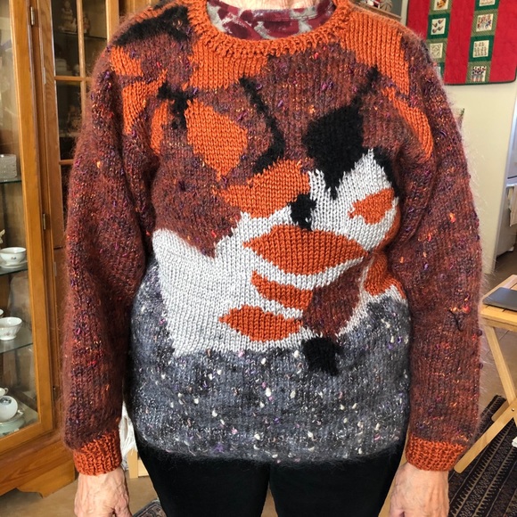 Vintage Hand Knit Wool Sweater - Fall Leaf Pattern - Picture 3 of 8
